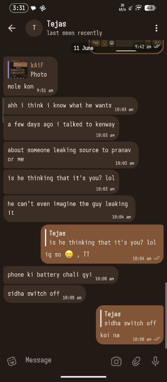 Chat with Tejas of InfinityX joking that someone leaking DerpFest source to Pranav cannot even be imagined