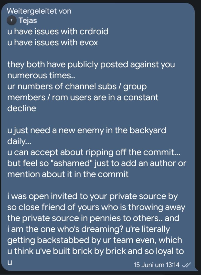 Forwarded Telegram message from Tejas claiming he was invited into DerpFest private source that was being sold for pennies