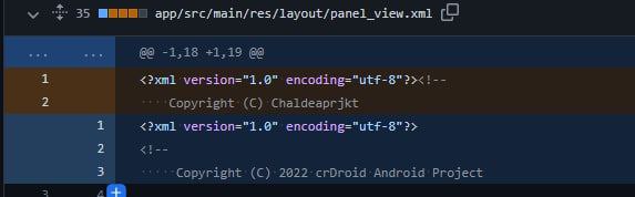 Pranav Vashi CrDroid commit showing copyright header change from Chaldeaprjkt to crDroid - neobuddy89 copyright removal evidence