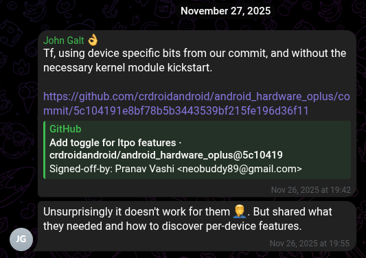 Yaap developer message calling out neobuddy89 CrDroid kang of LTPO features from Yaap commit