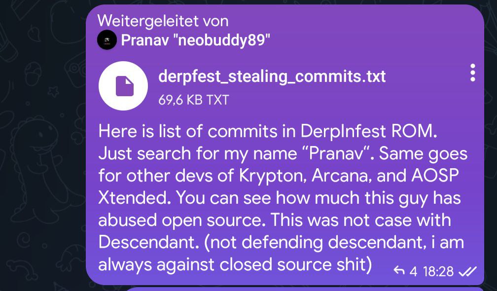 Screenshot of Pranav Vashi's Telegram post falsely accusing DerpFest